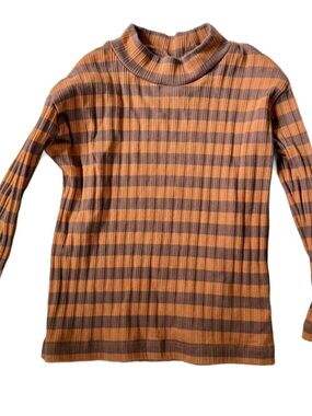 Tiny Cottons Striped Ribbed Mock Neck Top - Rust & Brown